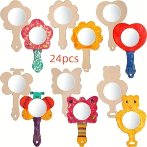 24Pcs Wooden Mirror Craft for Decorate You Own Flower Mirrors Gift for DIY Paint Wooden Hand Mirror Art Activities Birthday Gift