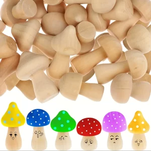 48Pcs Wooden Mushroom Set, 6 Different Sizes Cute Shapes Wooden Mushrooms Perfect for Art Project Crafting Decor, Easy to Paint