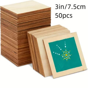 50 Pack Unfinished Wood Pieces 3x3 Inch, Blank Wooden Squares for Crafts, Cutout Tiles for DIY Coasters, Painting, Engraving